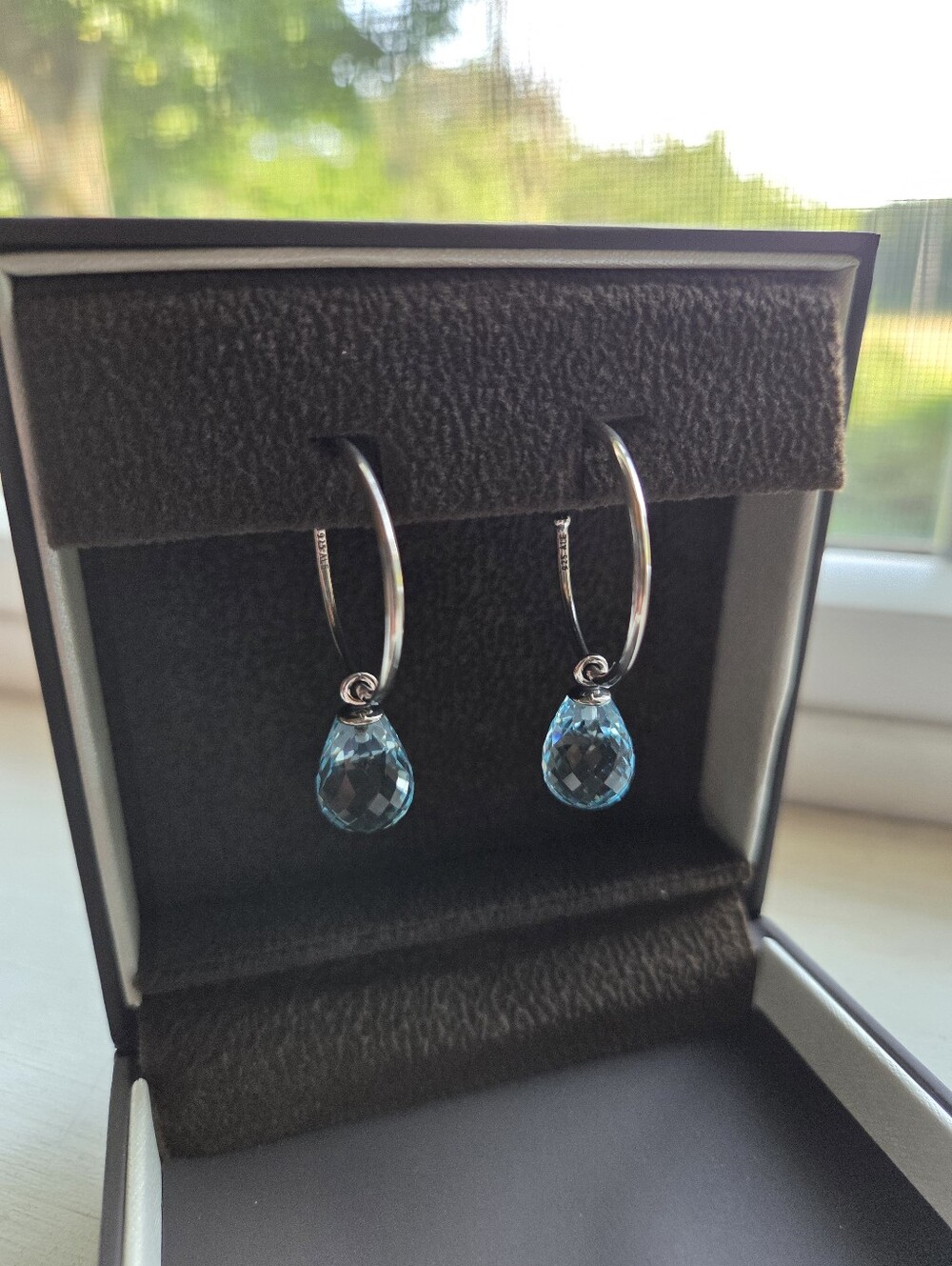 Pandora Sterling Silver Hoop Earrings with Blue Teardrop Crystal Dangles